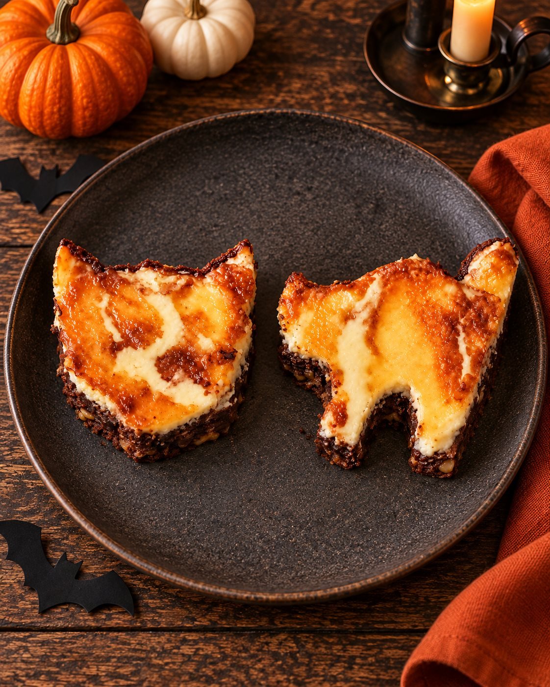 Vista superior de los gatos de brownie con cheesecake en un bodegón de Halloween