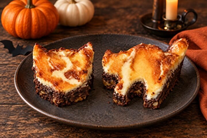 Brownie con cheesecake en forma de gatos con calabazas y decoración de Halloween