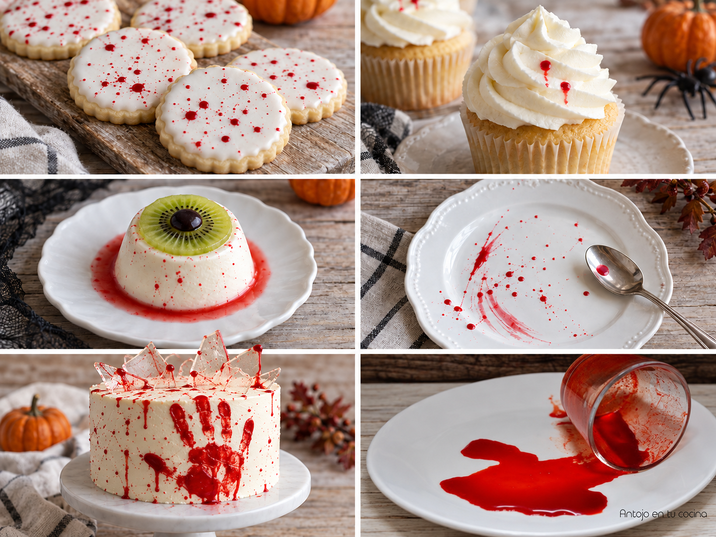 Ideas con sangre comestible para Halloween: galletas, cupcakes, panacota, vajilla, tarta con huella y cristales de azúcar y vaso volcado