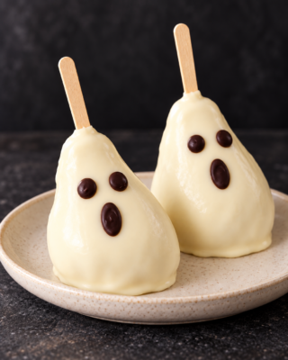 Peras fantasmas para Halloween con chocolate blanco: fáciles y sin horno