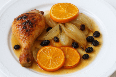 Pollo asado con mandarina y uvas pasas