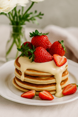 Tortitas americanas con fresas y chocolate blanco