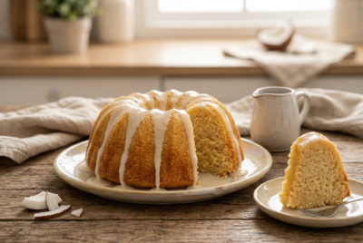 Bundt cake de leche de coco, jugoso y esponjoso ¡Con sirope de coco casero!