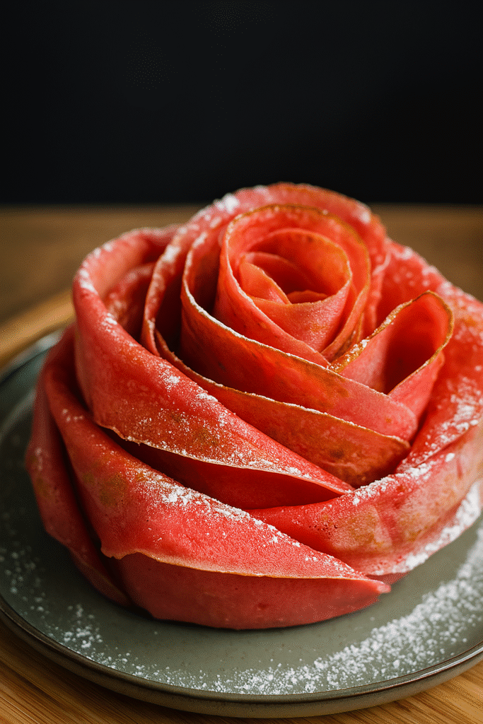 Tarta flor de crepes con nata y mermelada de fresa (fácil y sin horno)