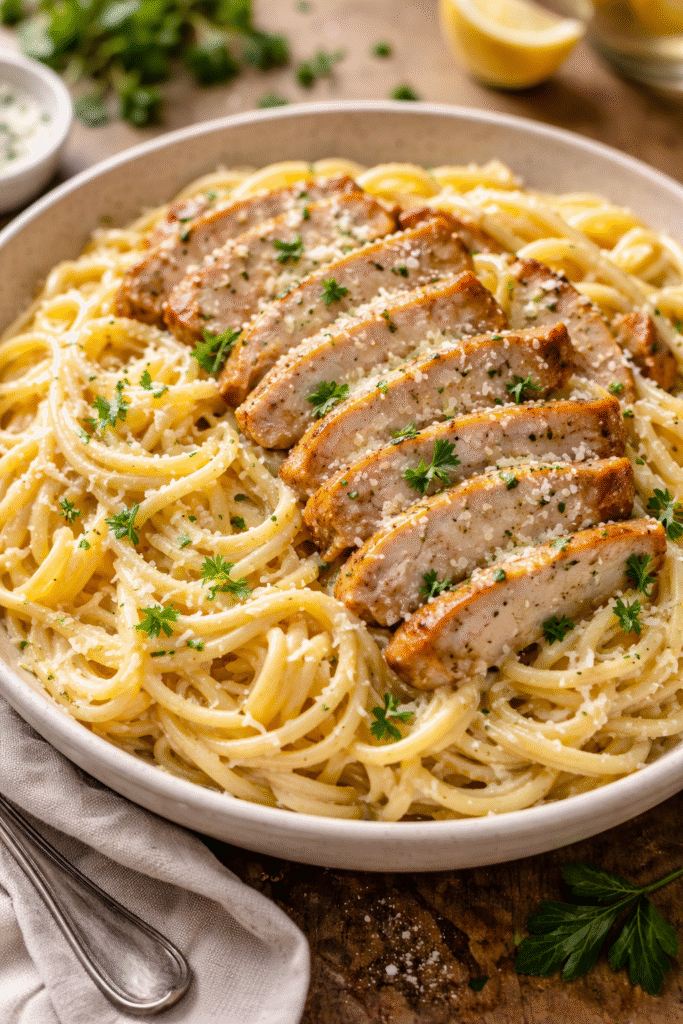Espaguetis con salsa Alfredo y pollo cremosos, intensos y absolutamente irresistibles