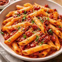 Macarrones con salsa picante de tomate y beicon receta fácil, intensa y llena de sabor