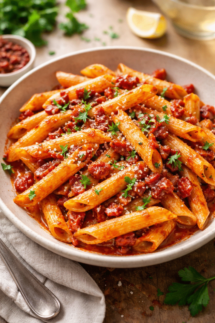 Macarrones con salsa picante de tomate y beicon receta fácil, intensa y llena de sabor