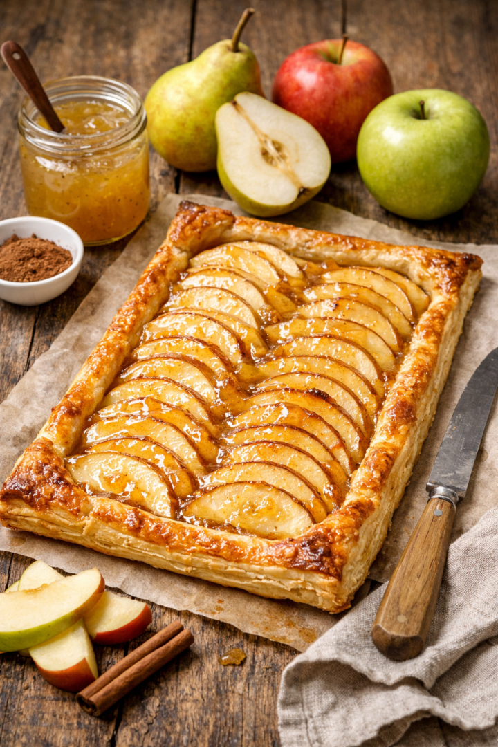 Tarta de manzana con hojaldre y mermelada de pera