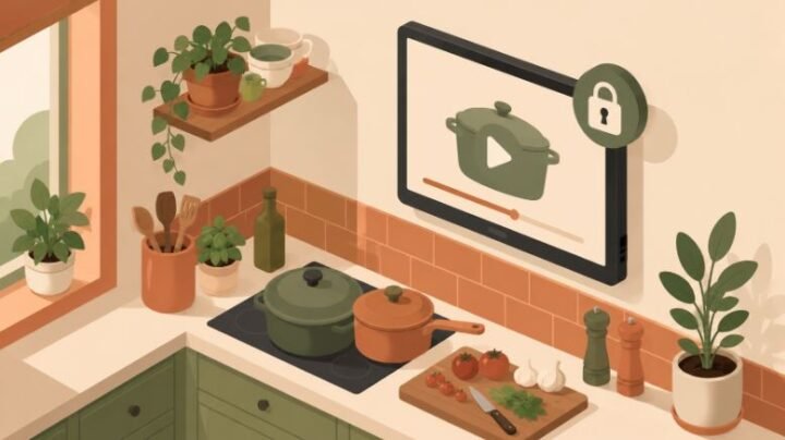 Ilustración isométrica de una cocina con una Smart TV y un candado sobre la pantalla