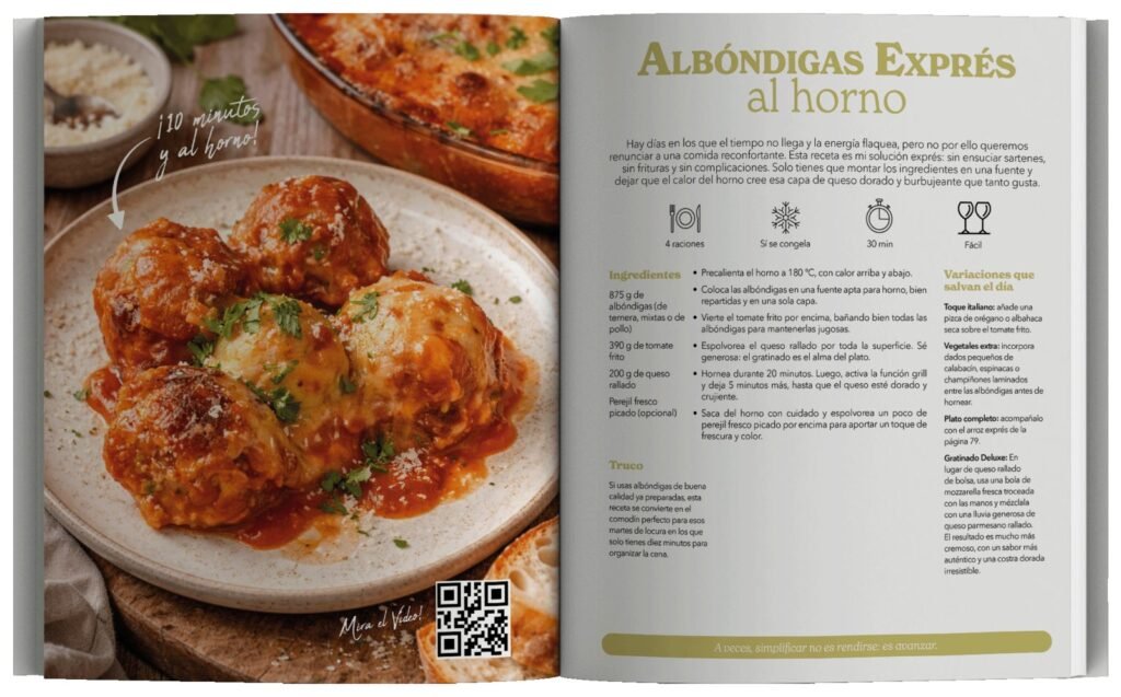 Doble página del libro con la receta de albóndigas exprés al horno