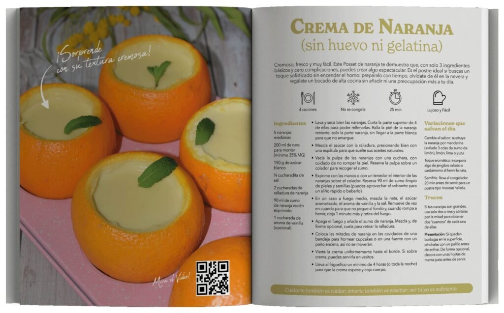 Doble página del libro con la receta de crema de naranja sin huevo ni gelatina