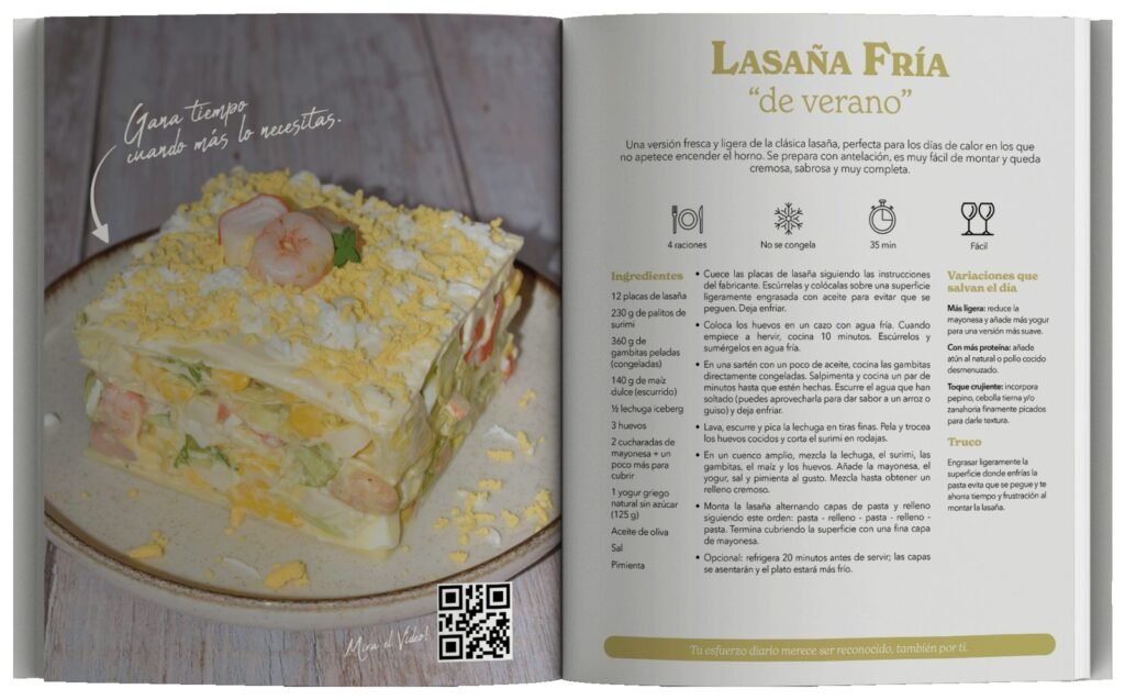 Doble página del libro con la receta de lasaña fría de verano