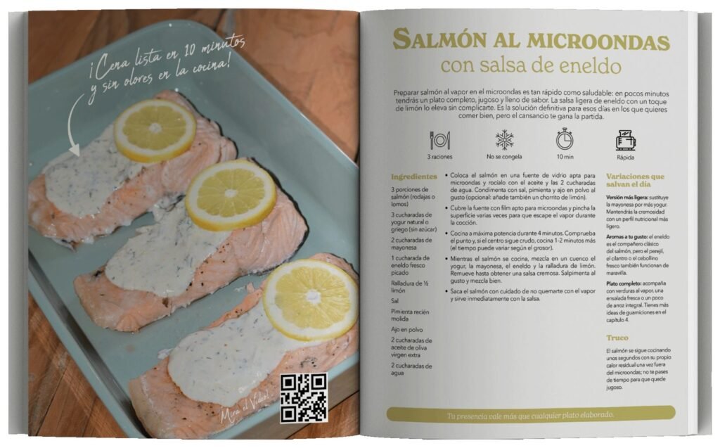 Doble página del libro con la receta de salmón al microondas con salsa de eneldo