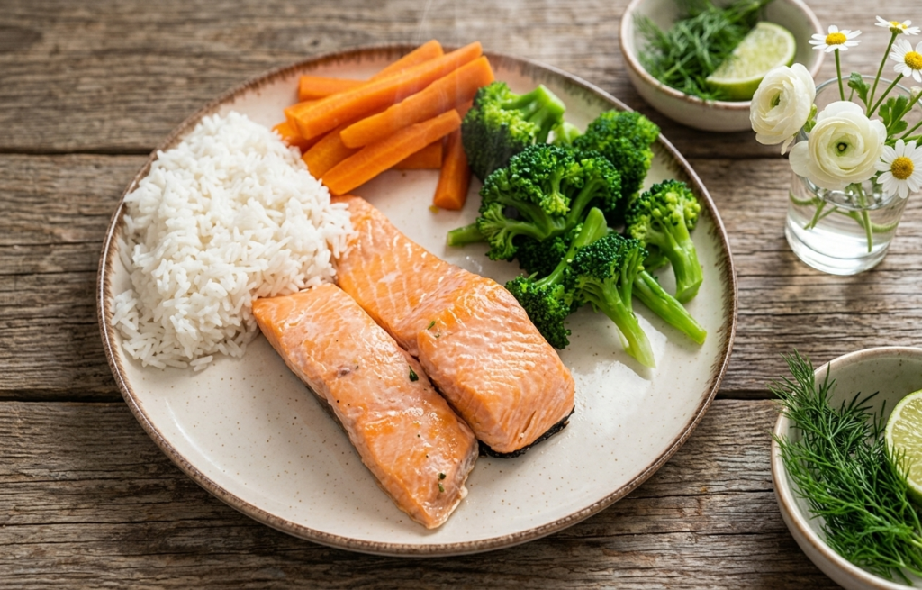 Menú completo al vapor arroz, salmón y verduras en menos de 20 minutos