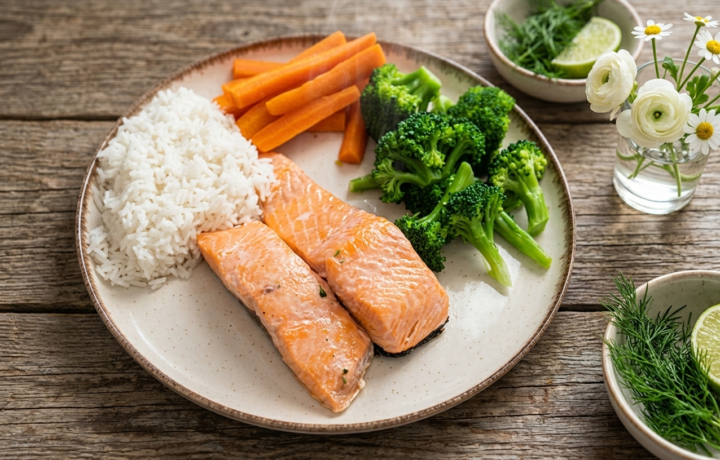 Menú completo al vapor arroz, salmón y verduras en menos de 20 minutos