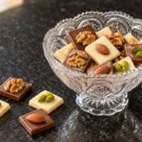 Bombones de chocolate blanco y negro con almendras, pistachos y nueces en una copa de cristal