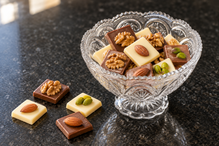 Bombones de chocolate blanco y negro con almendras, pistachos y nueces en una copa de cristal