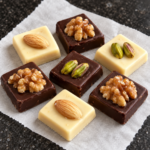 Detalle de bombones de chocolate blanco y negro con frutos secos