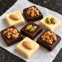 Detalle de bombones de chocolate blanco y negro con frutos secos