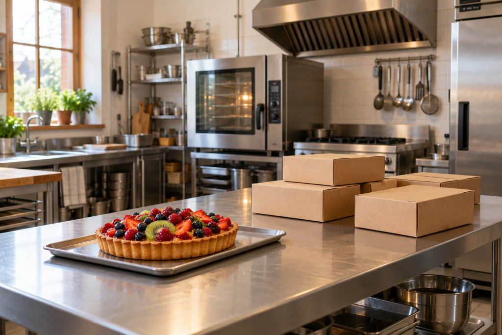 Cocina profesional con horno, campana extractora y mesa de trabajo con una tarta y cajas para pedidos