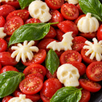 Ensalada de tomates cherry y albahaca con figuras de mozzarella para Halloween