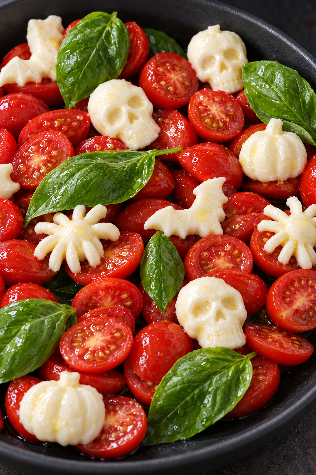 Ensalada de tomates cherry y albahaca con figuras de mozzarella para Halloween