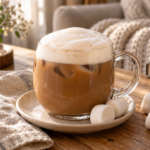 Taza de café con leche y hielo con una montañita suave de espuma de malvavisco y nubes blancas al lado.