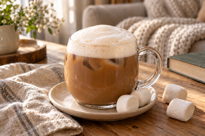 Taza de café con leche y hielo con una montañita suave de espuma de malvavisco y nubes blancas al lado.