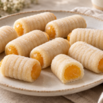 Huesos de santo de mazapán rellenos de yema sobre un plato