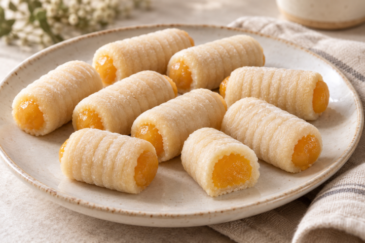 Huesos de santo de mazapán rellenos de yema sobre un plato