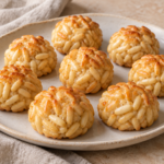 Panellets de piñones dorados sobre un plato