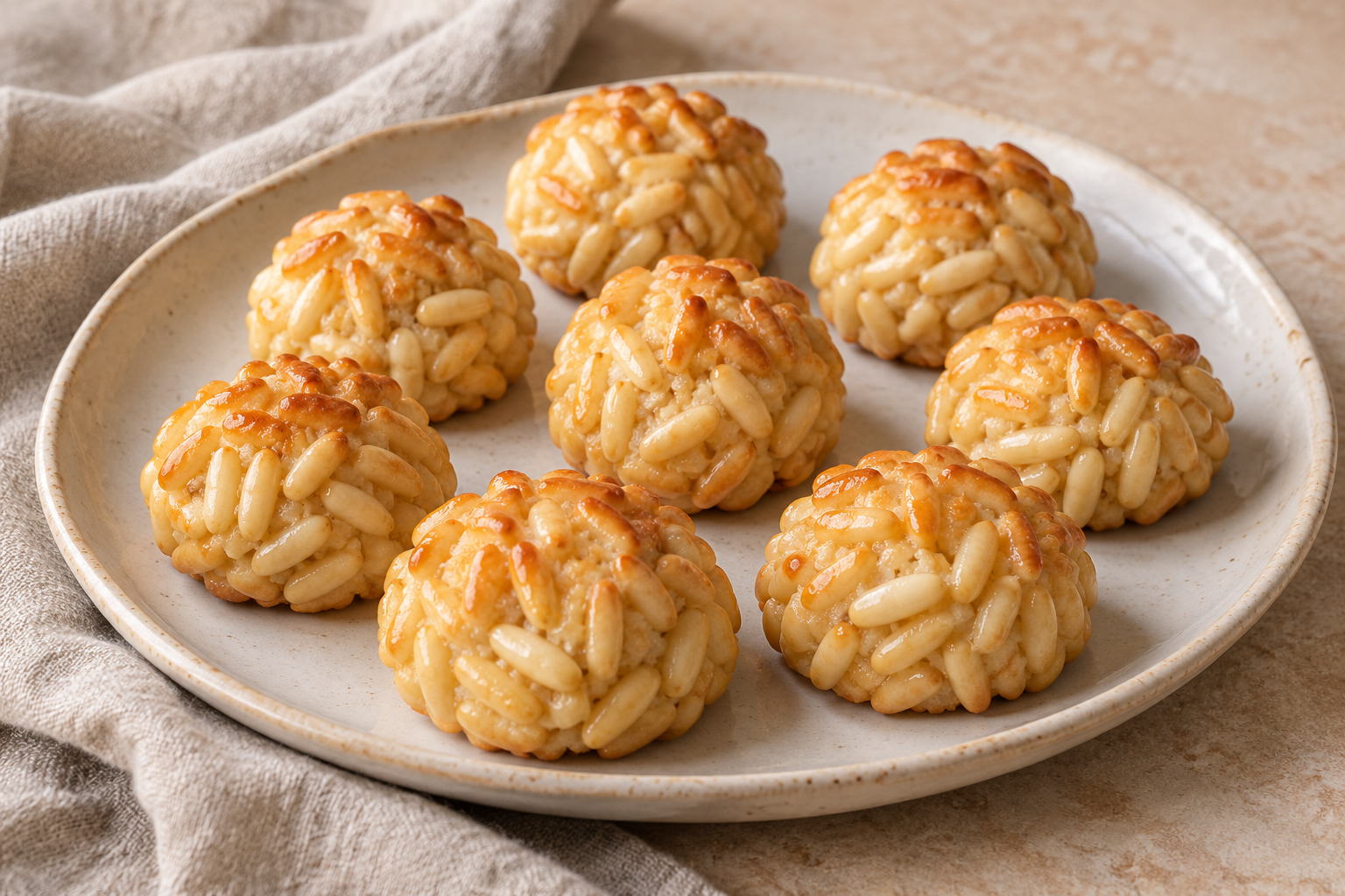 Panellets de piñones dorados sobre un plato