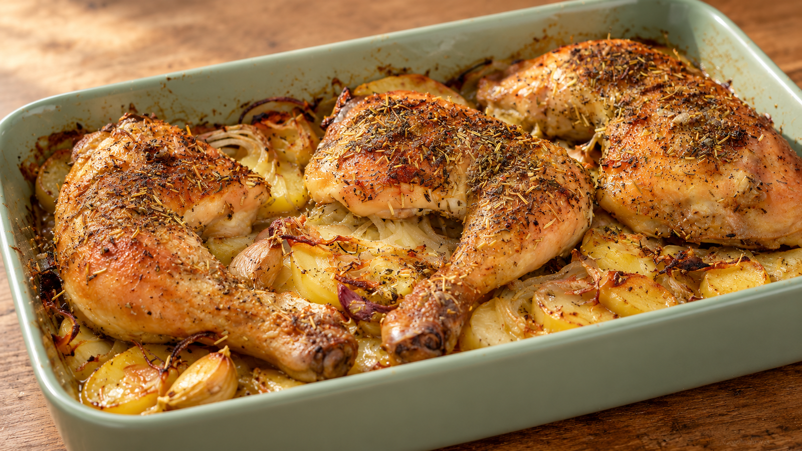 Pollo al horno con hierbas provenzales sobre patatas y cebolla en una fuente verde