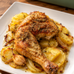 Cuarto trasero de pollo al horno servido con patatas, cebolla y jugos del asado